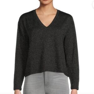 Time & Tru. Size L Grey & Black Ribbed Long Sleeve Pullover V-Neck Knit Top